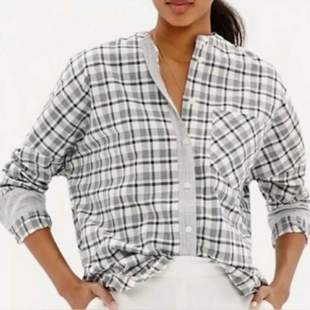Madewell Collarless Band Messenger Stripe / Plaid Button-Up Shirt Patchwork
